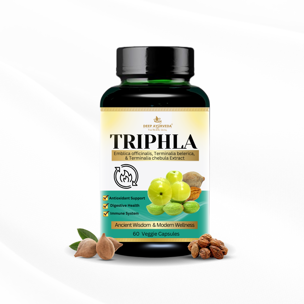 Triphala vegan capsules by Deep Ayurveda supports digestion, detoxification and bowel health