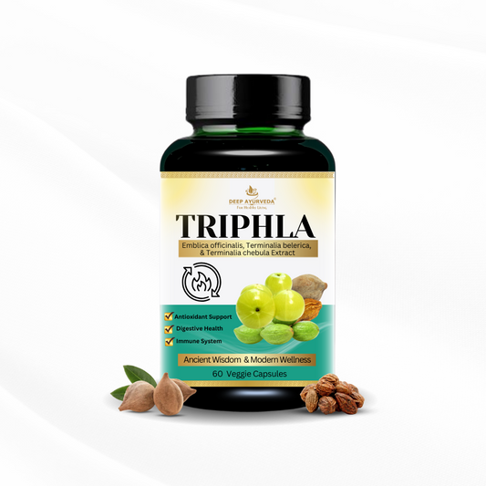 Triphala vegan capsules by Deep Ayurveda supports digestion, detoxification and bowel health