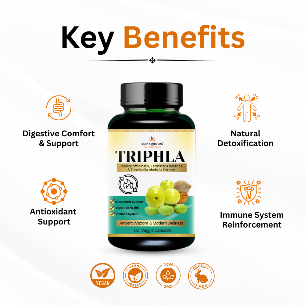 Triphala vegan capsules by Deep Ayurveda supports digestion, detoxification and bowel health key benefits
