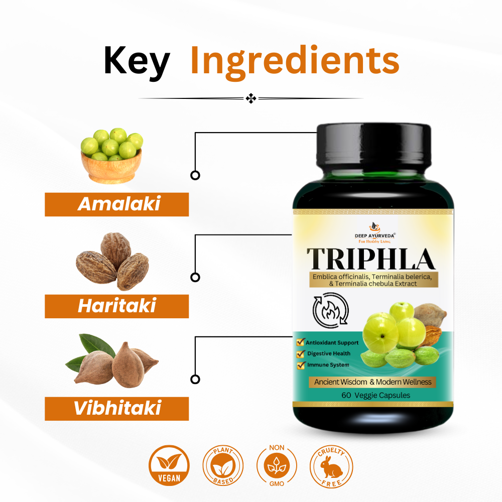 Triphala vegan capsules by Deep Ayurveda supports digestion, detoxification and bowel health key ingredients