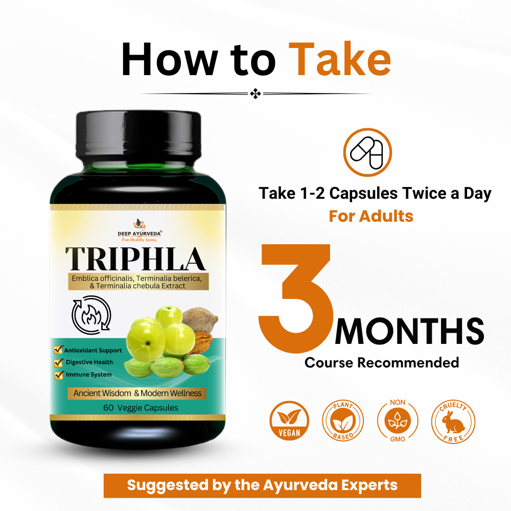Triphala vegan capsules by Deep Ayurveda supports digestion, detoxification and bowel stamina 3 months course recommend