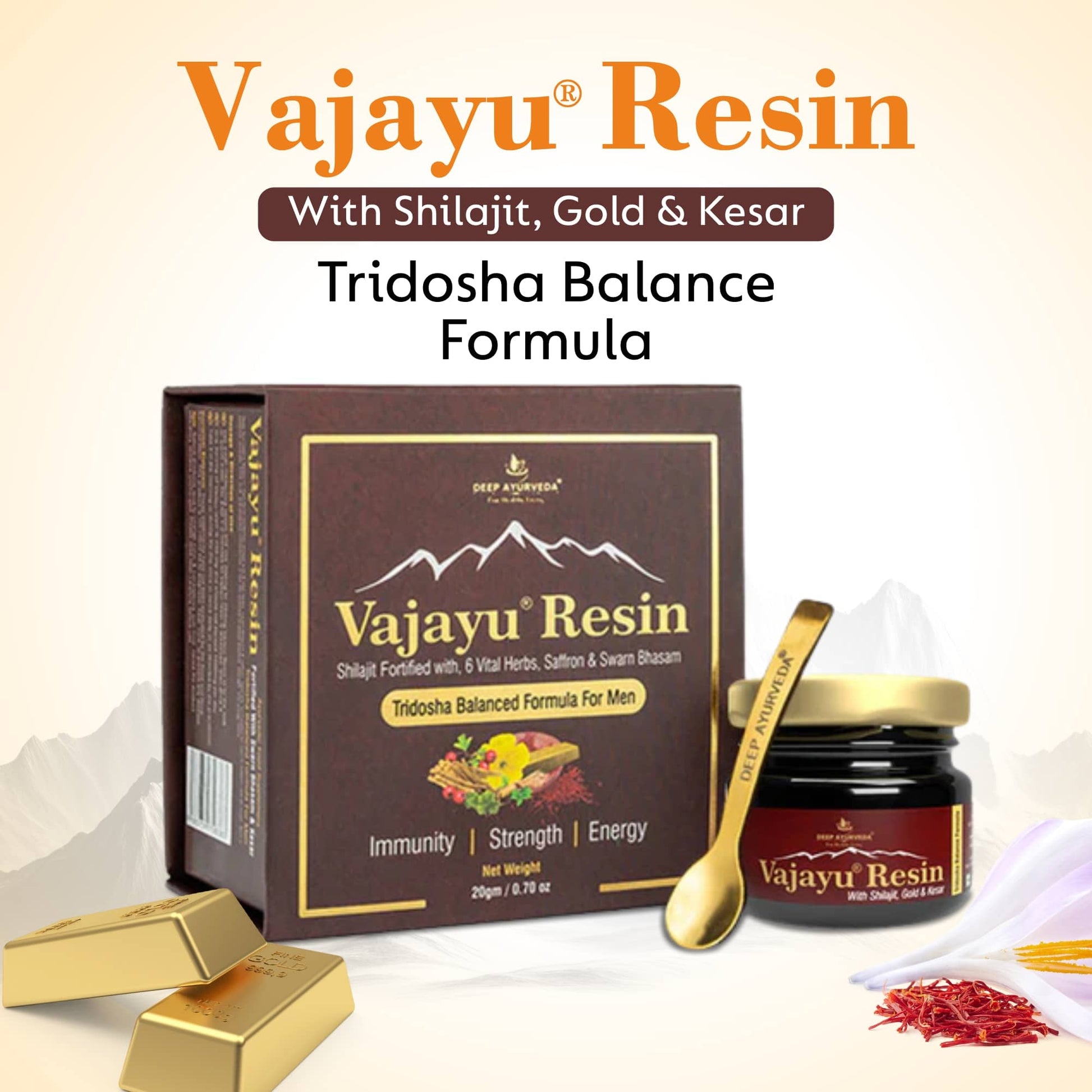 Vajayu Shilajit Gold Resin for mens health based on tridosha and sapt dhatu principle by Deep Ayurveda