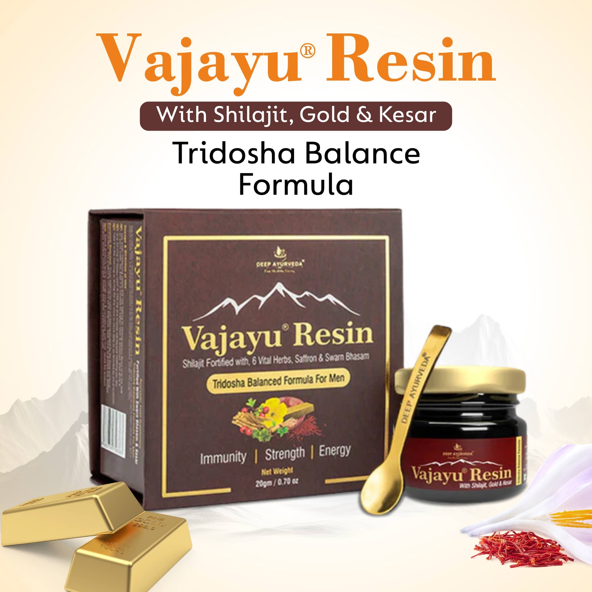 Vajayu Shilajit Gold Resin for mens health based on tridosha and sapt dhatu principle by Deep Ayurveda