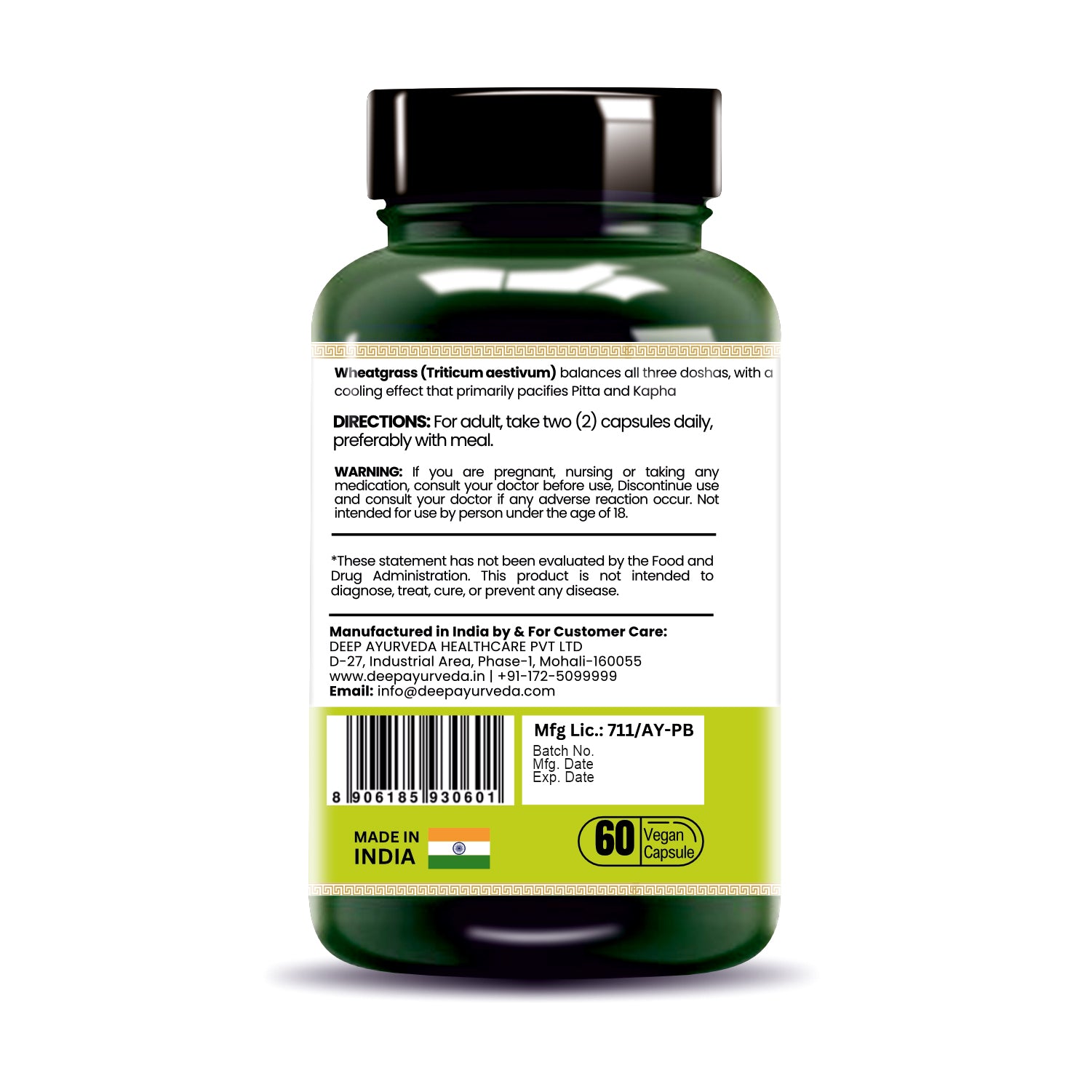 Wheatgrass Vegan Capsules - Detoxifies, Boosts Immunity & Promotes Wellness - Deep Ayurveda India