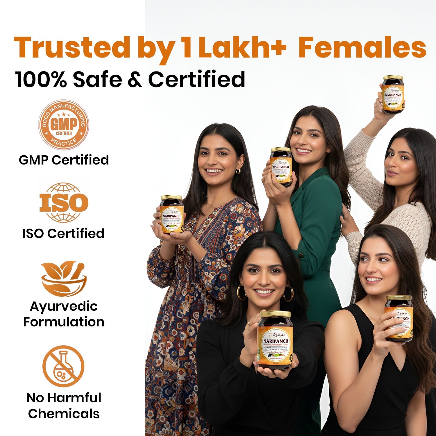 Group of women holding jars of a product with certification logos and text on a white background.