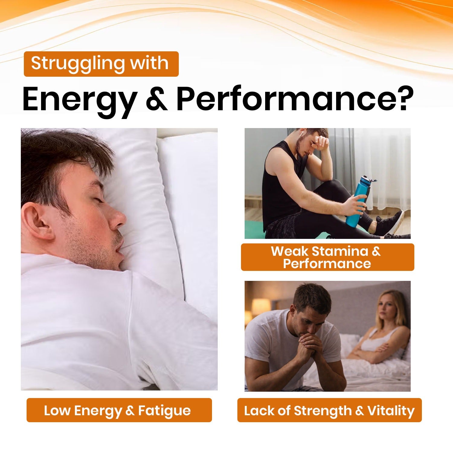 Advertisement about energy and performance issues with images of people struggling and text on a white background.