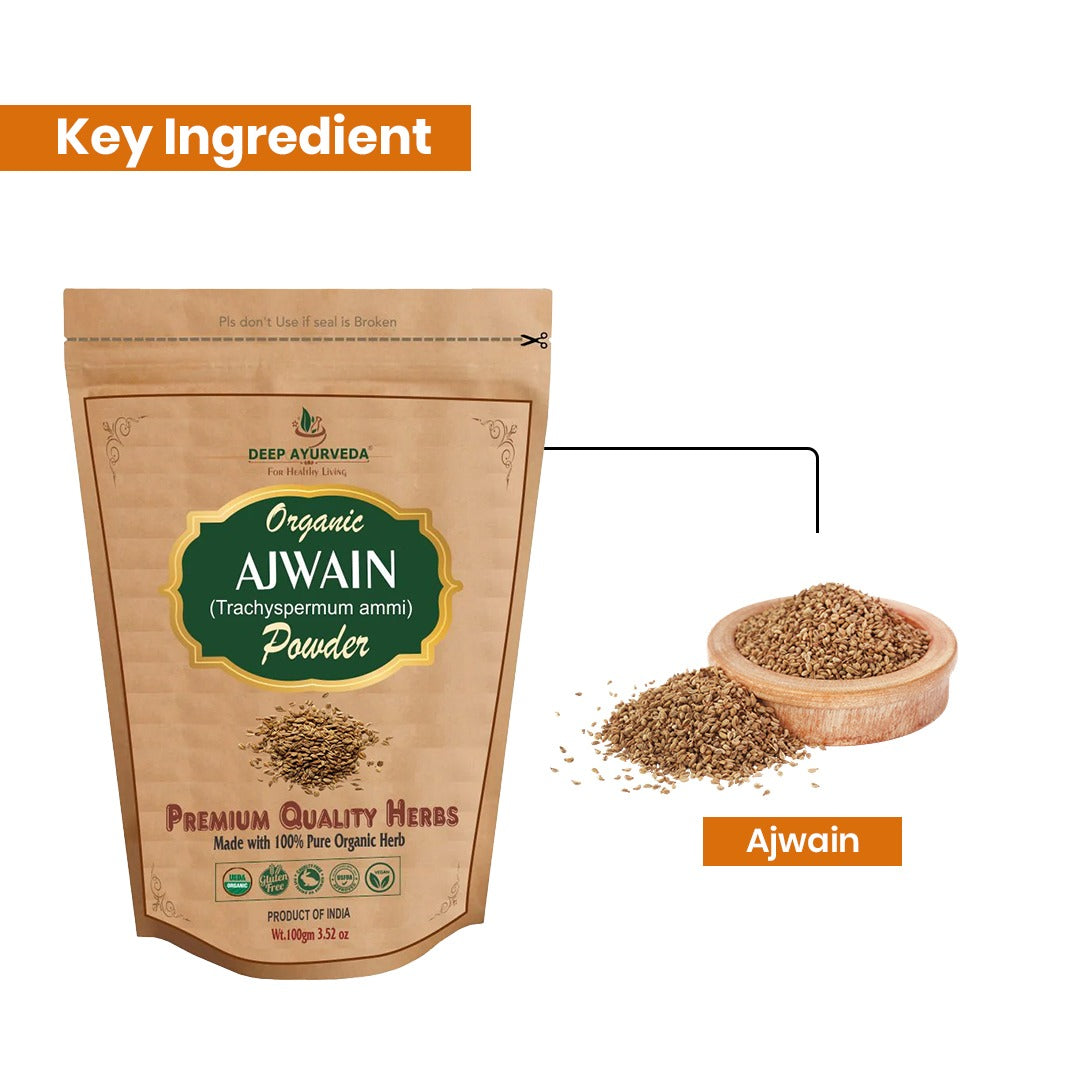 Package of Deep Ayurveda Organic Ajwain Powder with ajwain seeds in a bowl on a white background