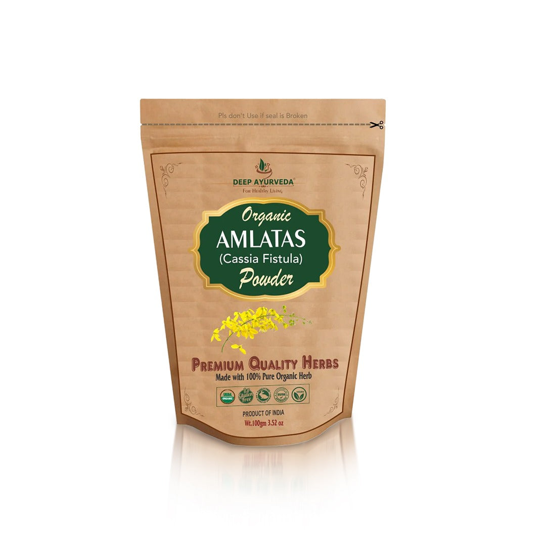 Package of Organic Amlatas powder by Deep Ayurveda on a white background
