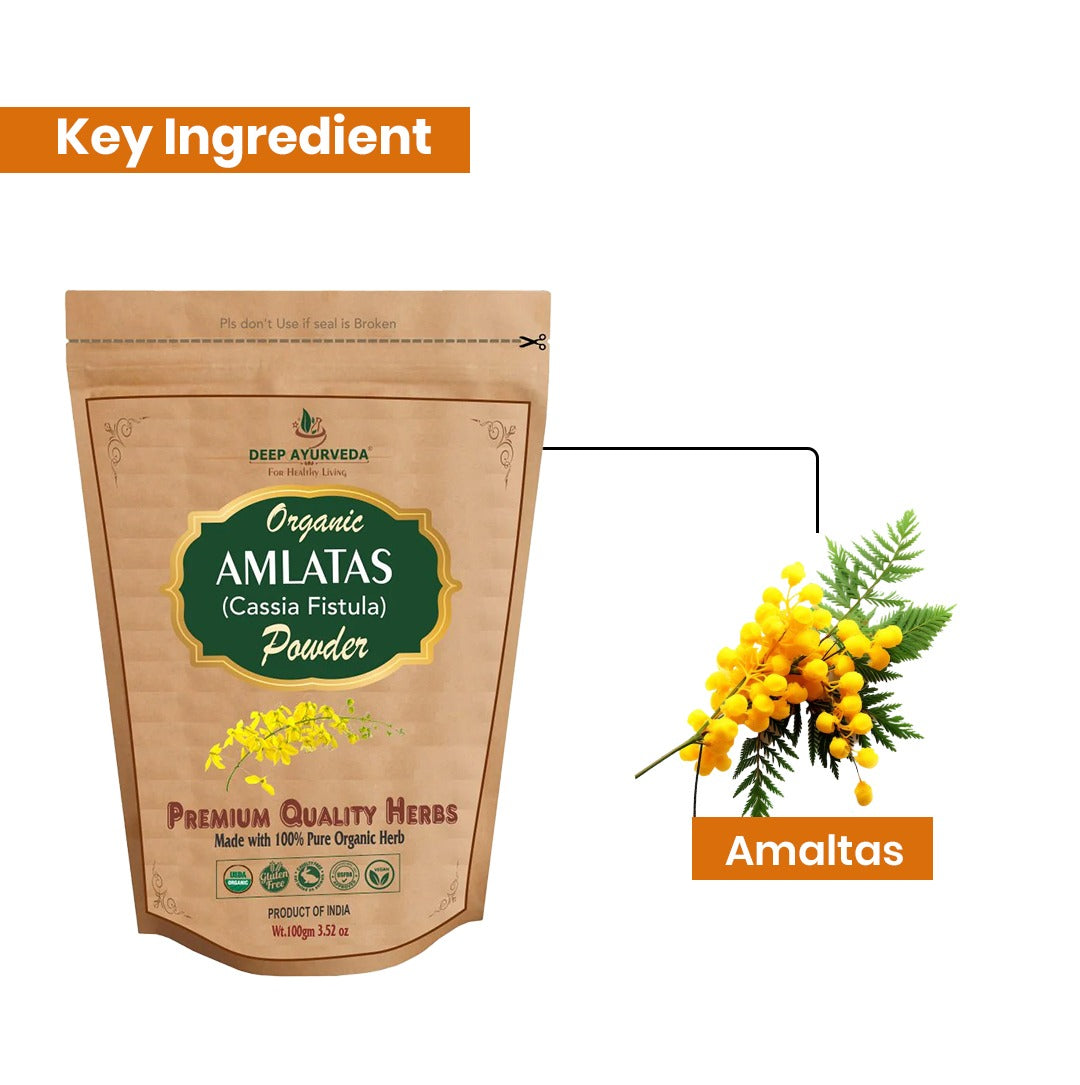 Package of Deep Ayurveda Organic Amlatas powder with amaltas plant illustration on a white background
