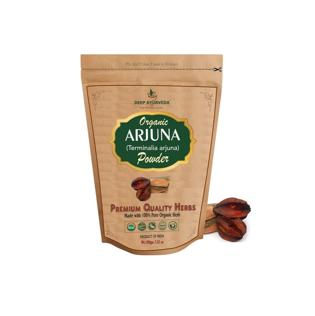 Package of Organic Arjuna Powder by Deep Ayurveda on a white background
