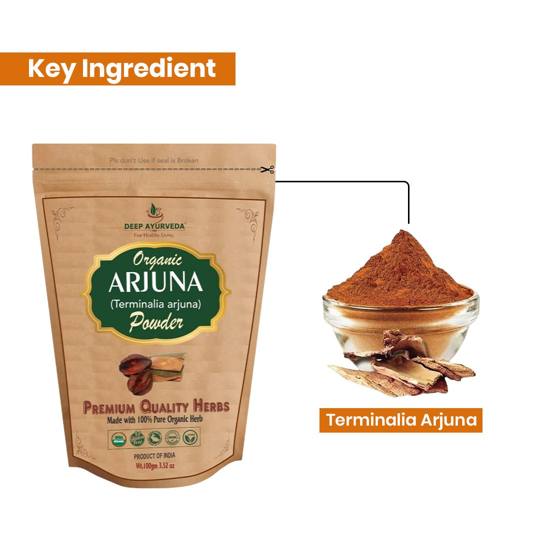 Package of Deep Ayurveda Organic Arjuna Powder with terminalia arjuna illustration on a white background