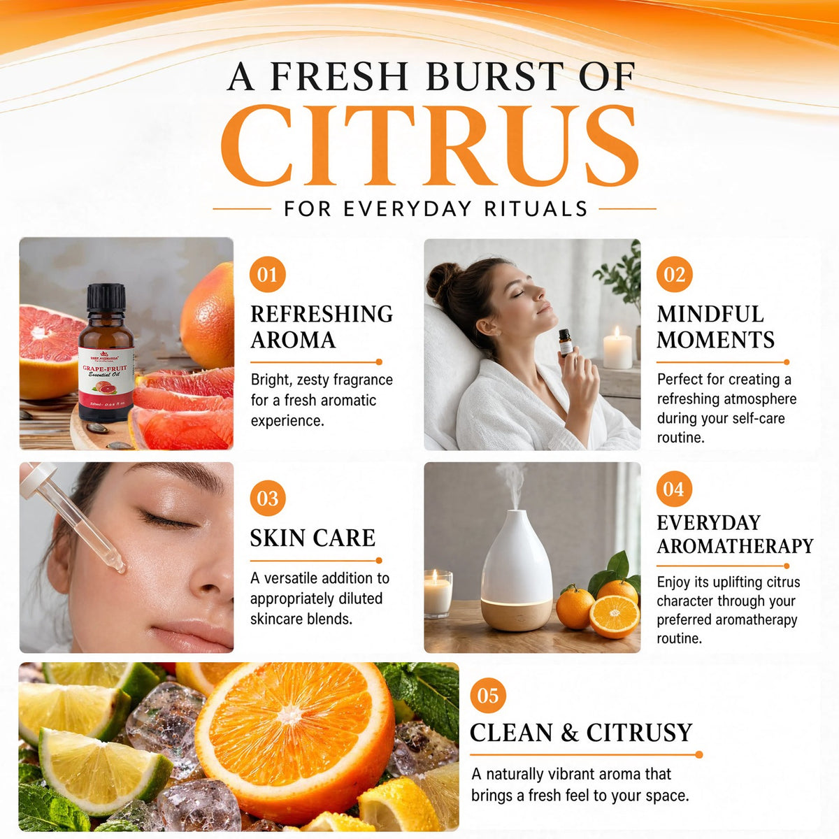 Grapefruit Pure Essential Oil - Refreshes Mind, Reduces Stress & Promotes Healthy Skin