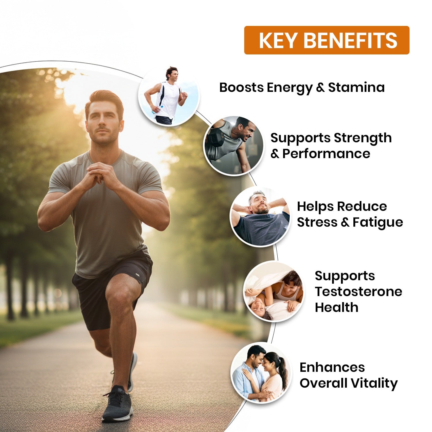 Man exercising outdoors with key benefits of a supplement listed on a white background
