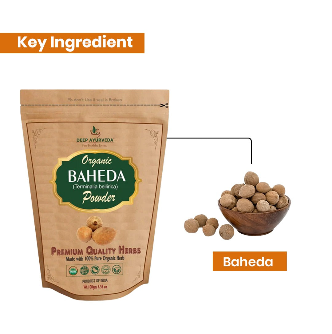 Bag of Deep Ayurveda Organic Baheda Powder with baheda nuts and a bowl on a white background