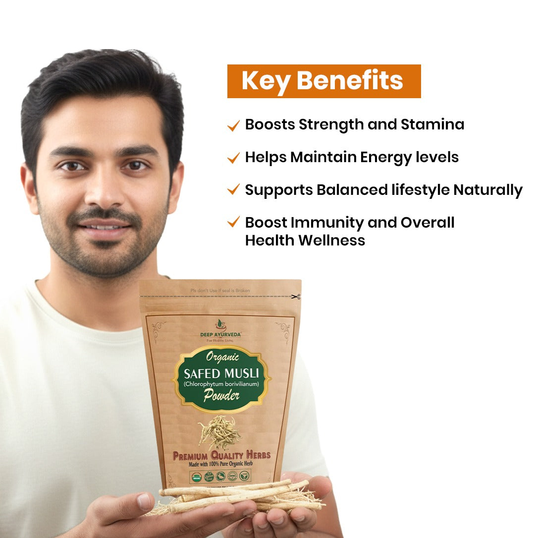 Man holding a package of Safed Musli powder with key benefits listed above.