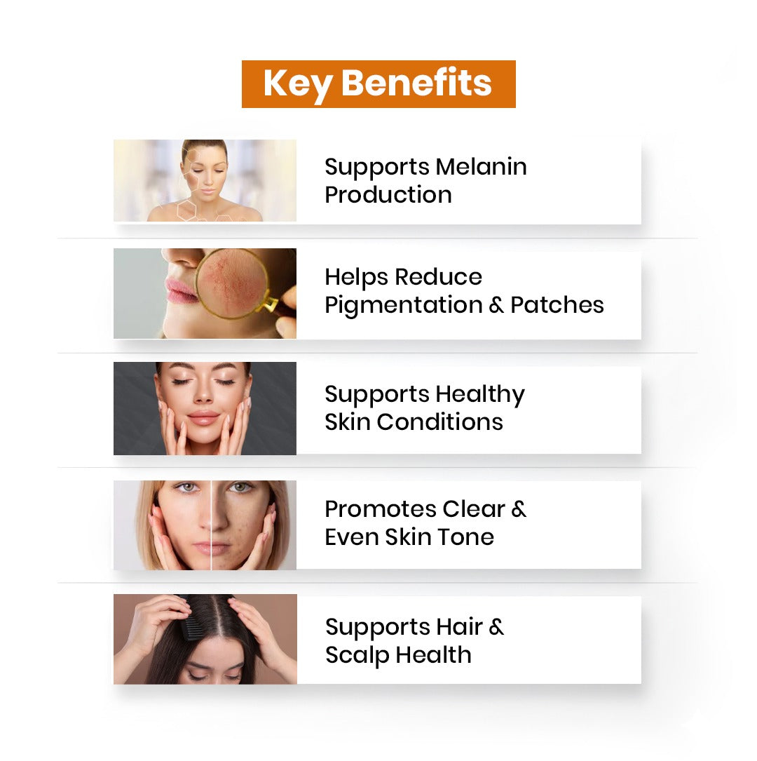 Key benefits of a skincare product displayed on a white background