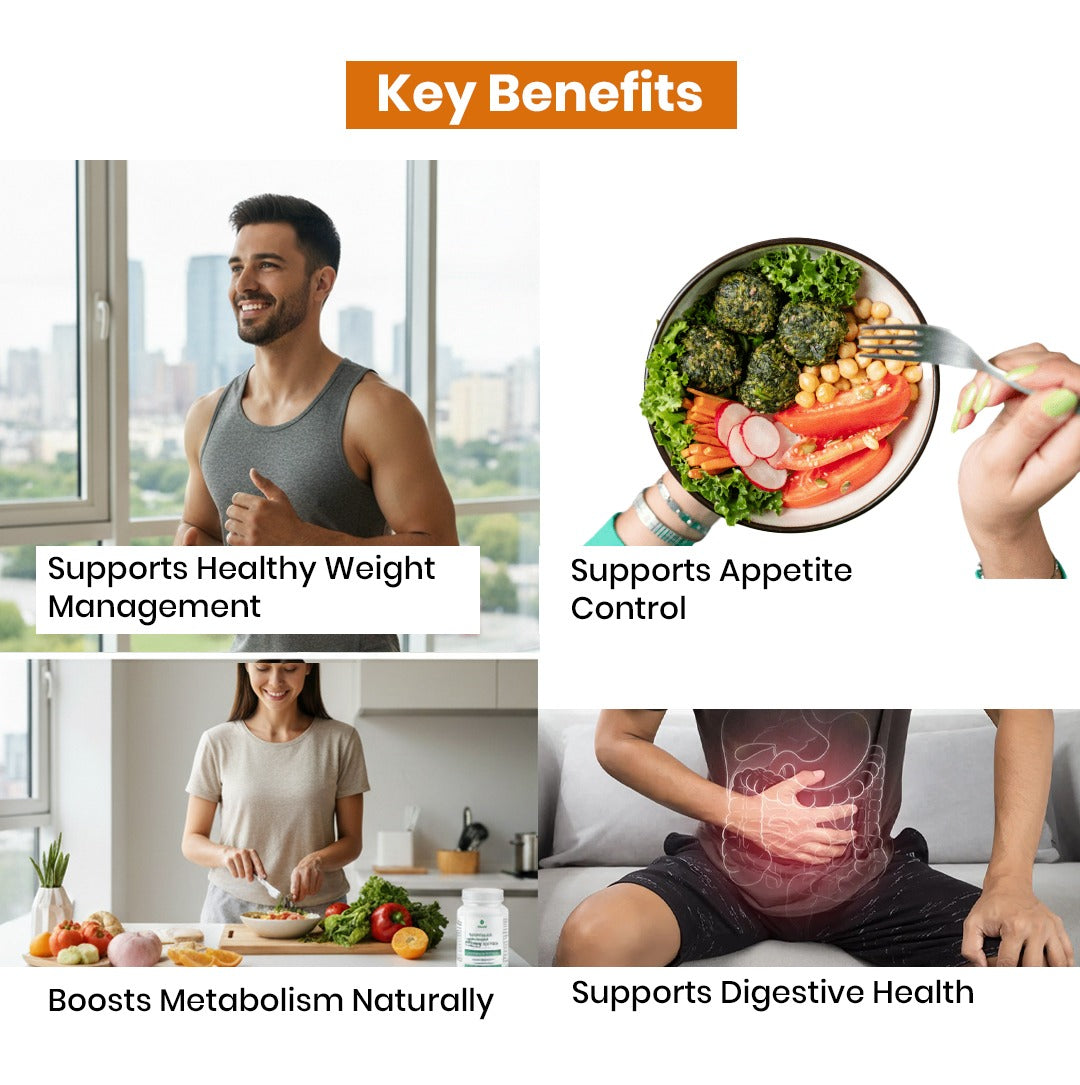 Key benefits of a health and wellness product including weight management, appetite control, metabolism boost, and digestive health.