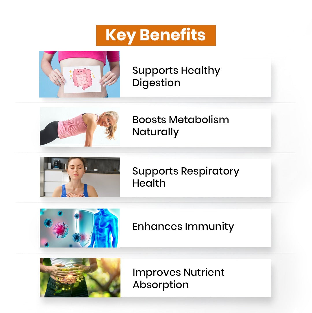 Key benefits of a product or service listed with icons and text on a white background.