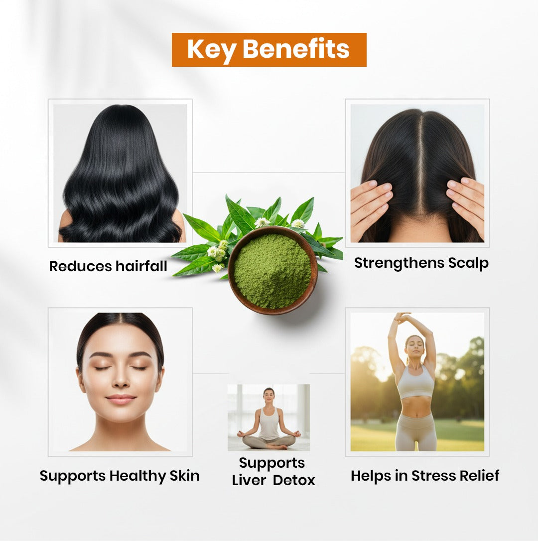 Key benefits of a natural product for hair, scalp, skin, and stress relief on a white background.