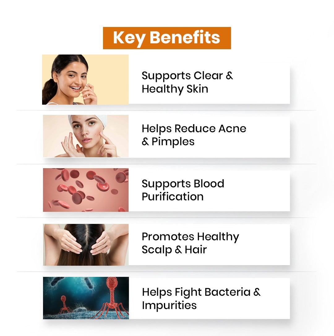 Key benefits of a skincare product listed on a white background