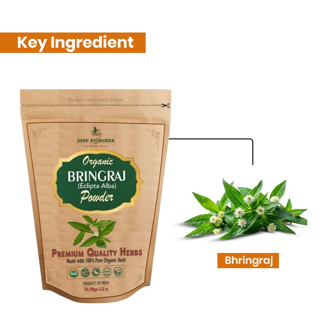 Package of Deep Ayurveda Organic Bringraj powder with a plant illustration on a white background