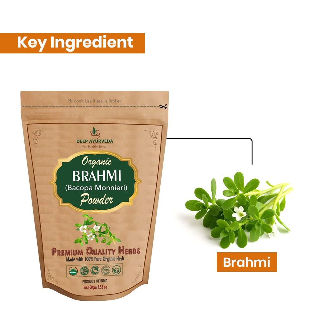 Package of Deep Ayurveda Organic Brahmi powder with Brahmi plant on a white background
