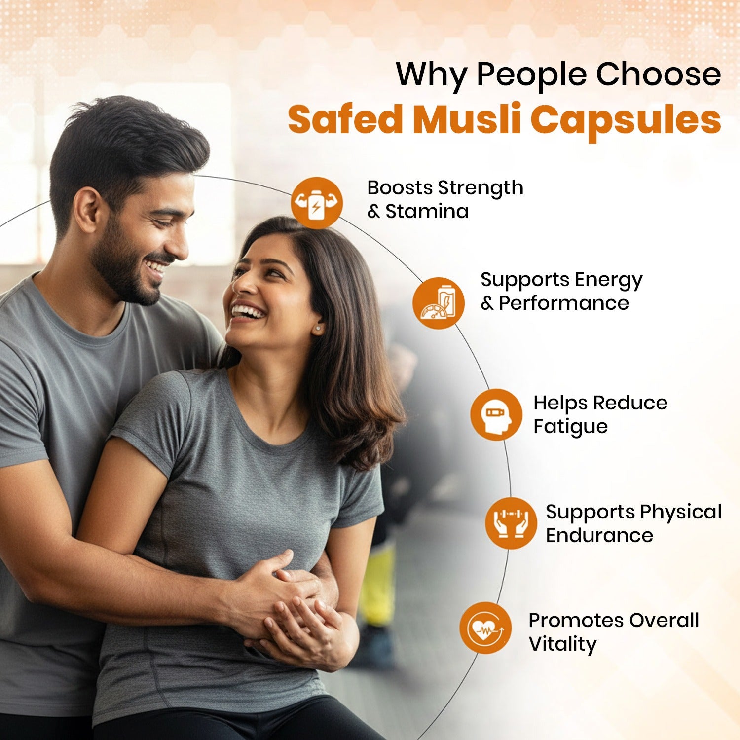 Couple embracing with text highlighting benefits of Safed Musli Capsules on a blurred background