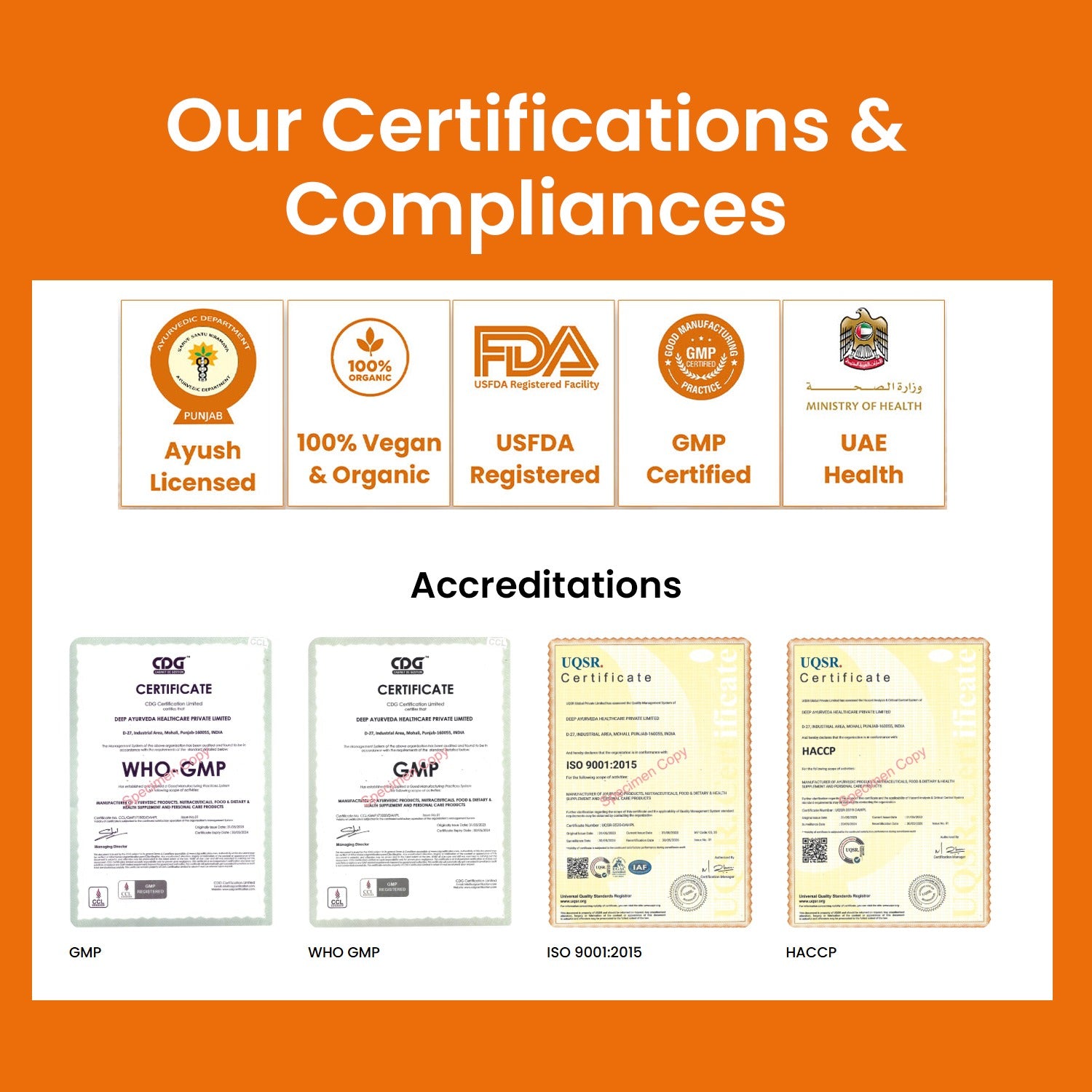 An orange and white infographic titled 'Our Certifications & Compliances' showing certification logos such as Ayush Licensed, 100% Vegan & Organic, FDA Registered Facility, GMP Certified, and UAE Health, plus four accreditations including WHO-GMP, ISO 9001:2015, HACCP, and EQIP Certificate.