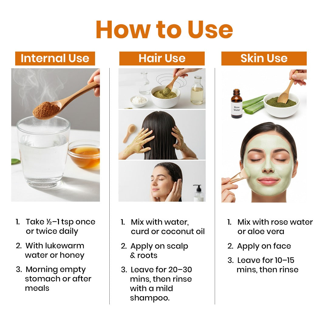 Instructions on how to use a product for internal, hair, and skin use.