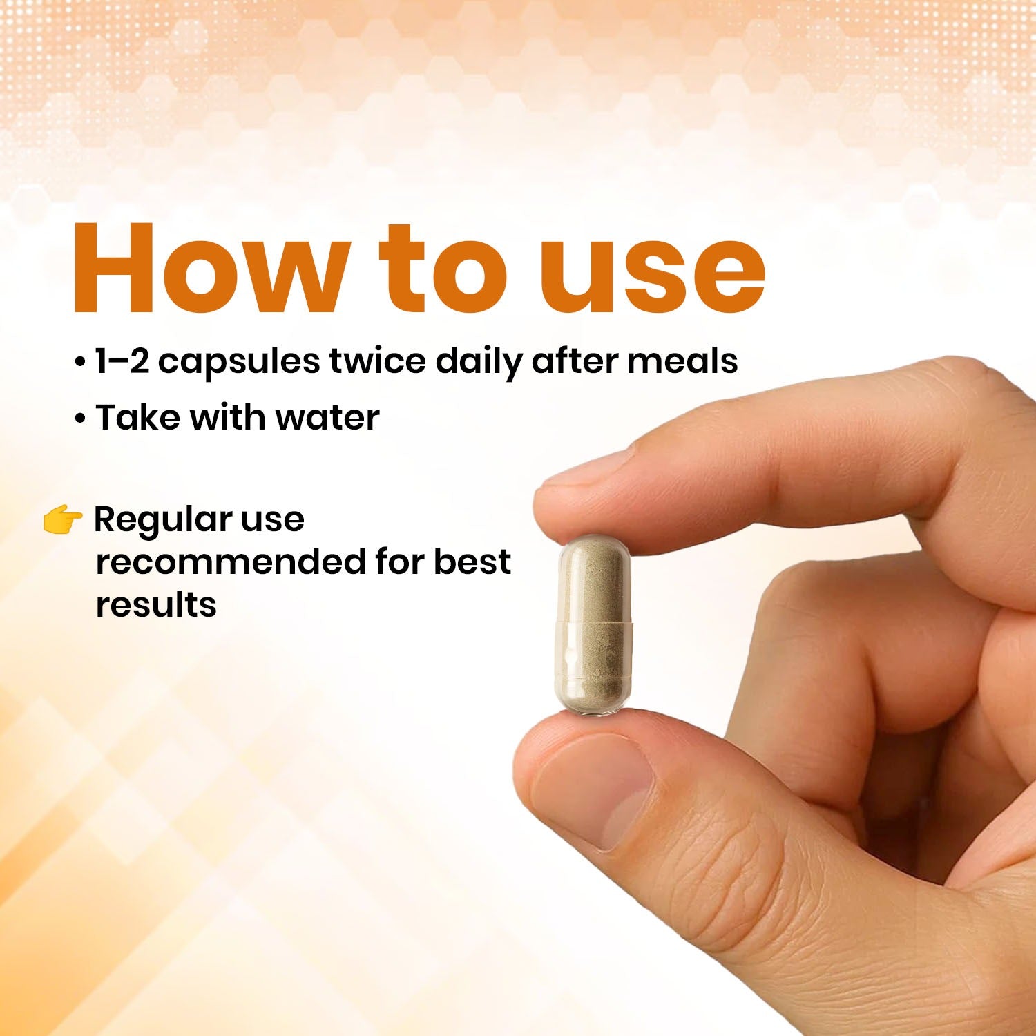 Hand holding a capsule with usage instructions on a blurred background