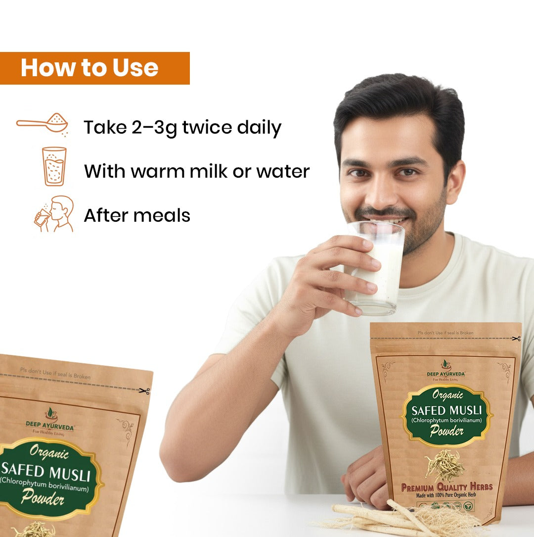 Man holding a glass of milk with 'Deep Ayurveda' saffron powder packages on a white background