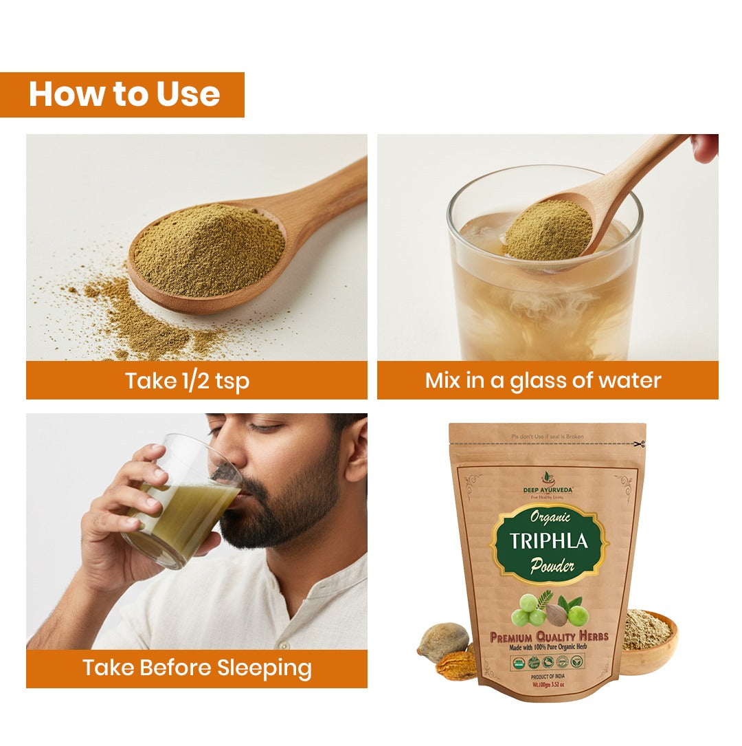 Instructions on how to use Triphala powder with images of usage, packaging, and a man drinking the mixture.