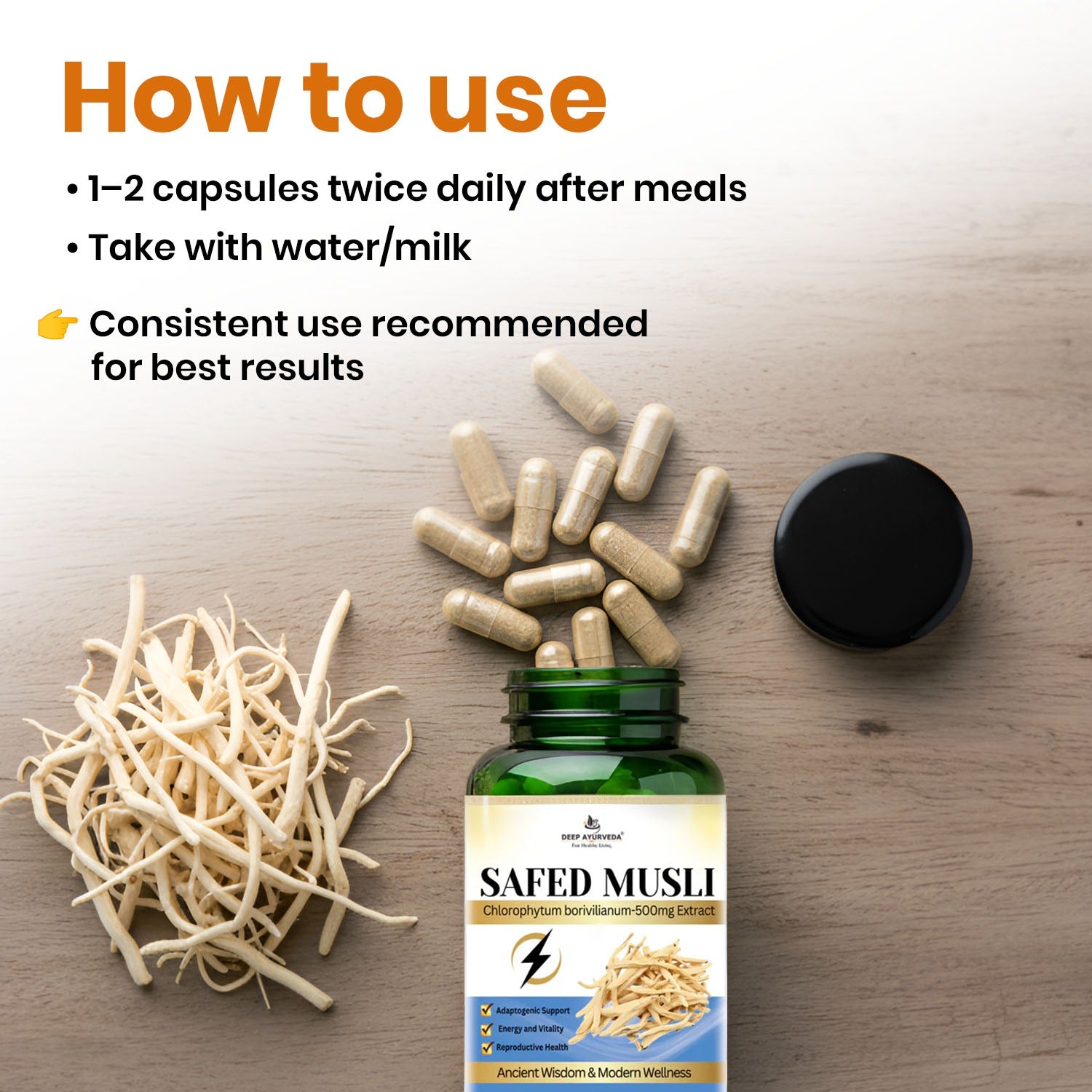 Safed Musli supplement bottle with capsules and roots on a wooden surface, showing usage instructions.