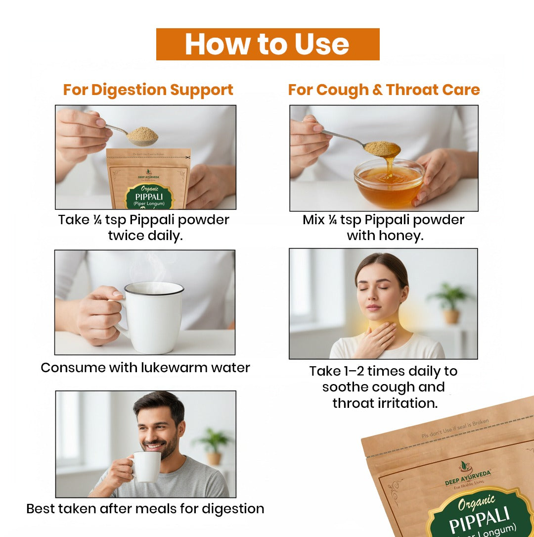 Instructions on how to use Pippali powder for digestion support and cough & throat care.