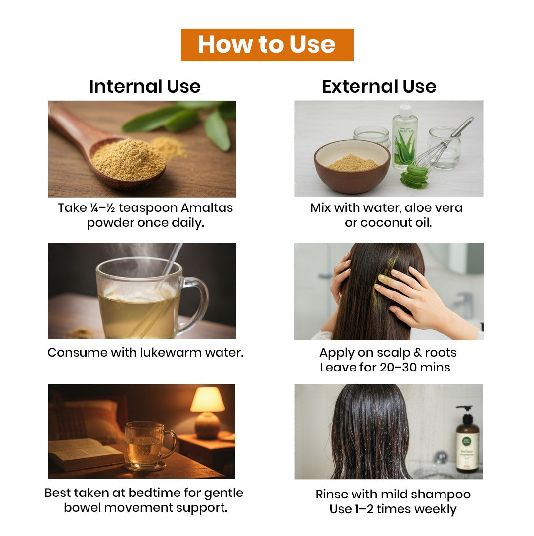 Instructions on how to use a product for internal and external use with images and text.