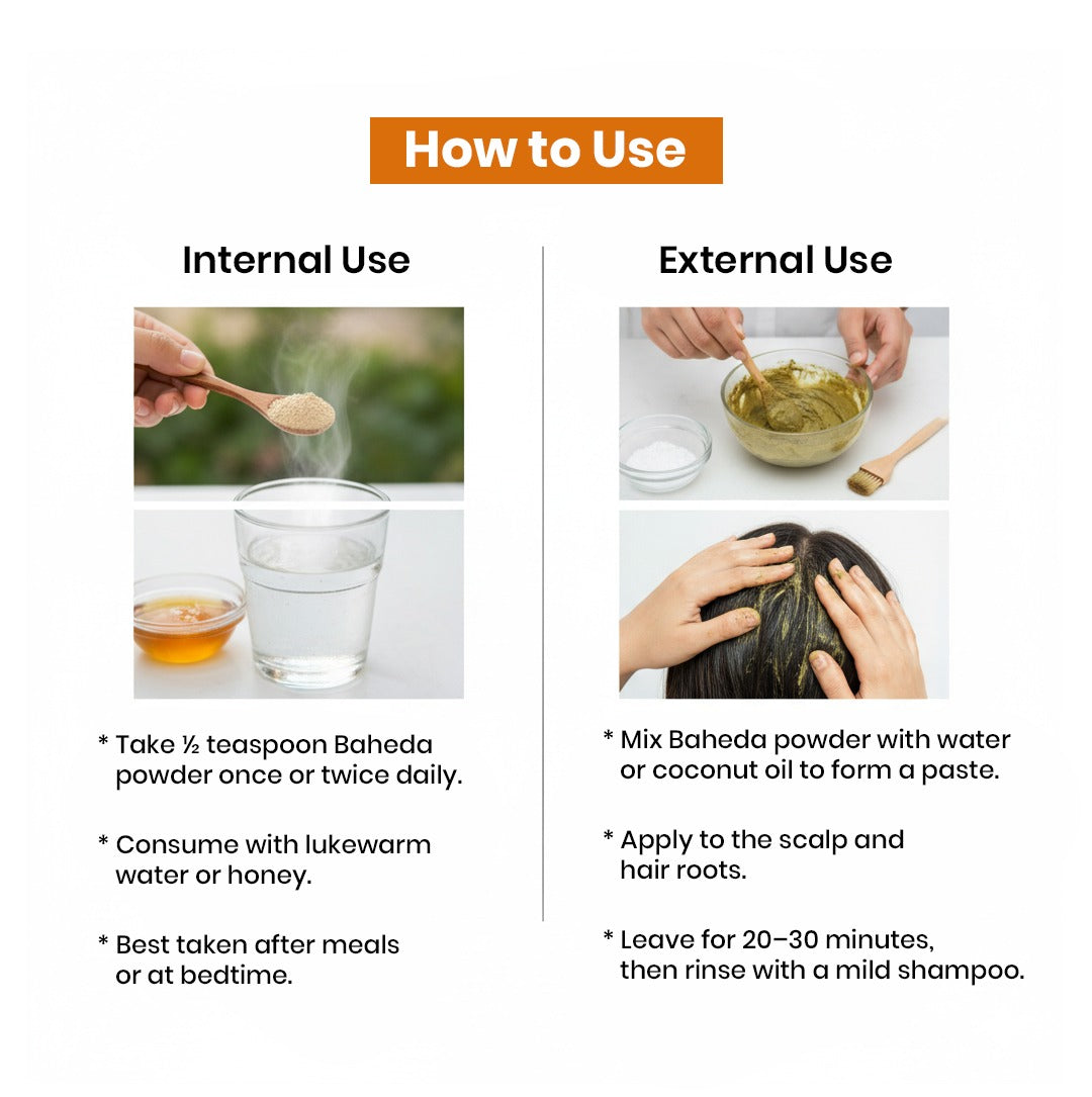 Instructions on how to use Baheda powder for internal and external use.
