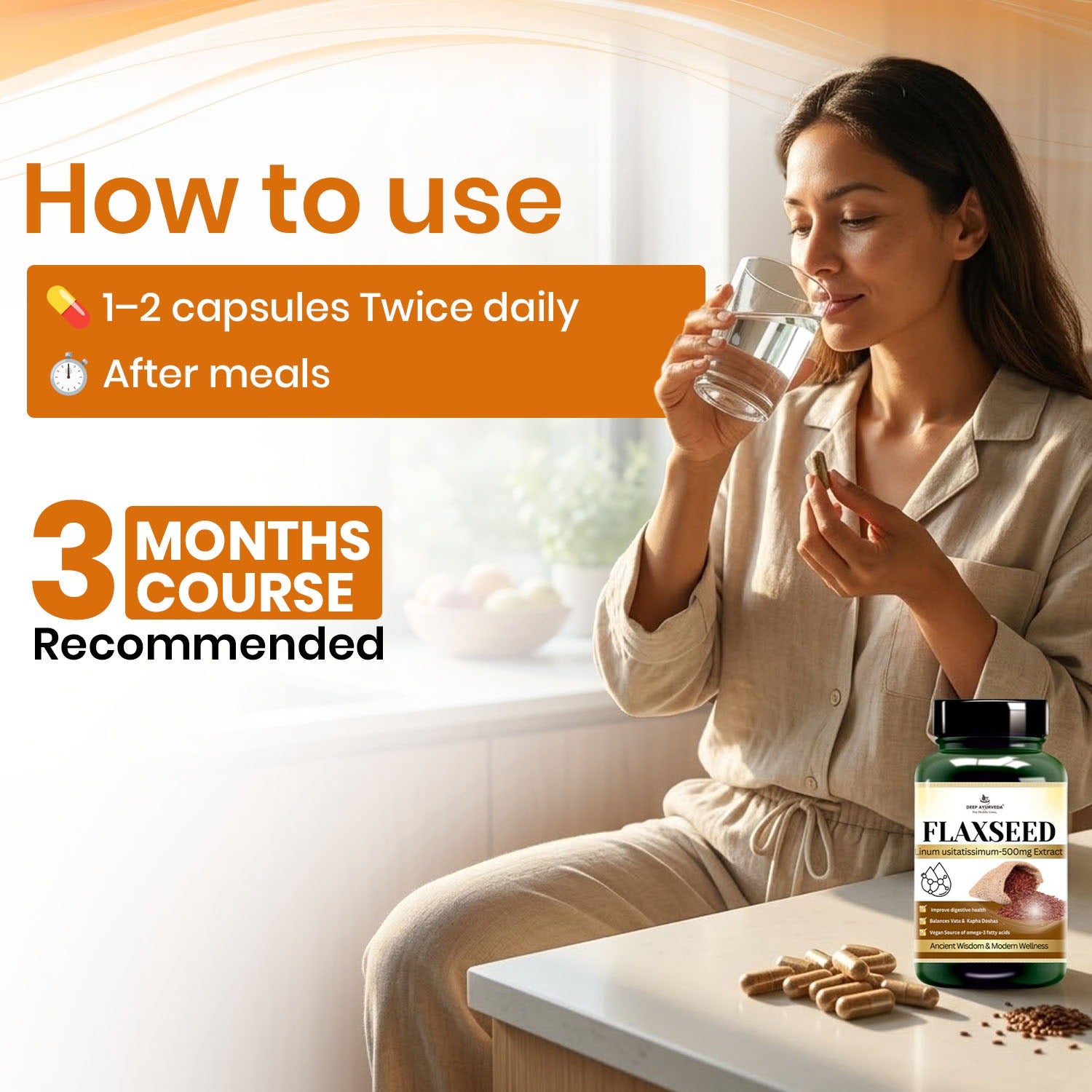 Flaxseed Vegan Capsules Plant-Based Omega-3 for General Wellness & Skin Support