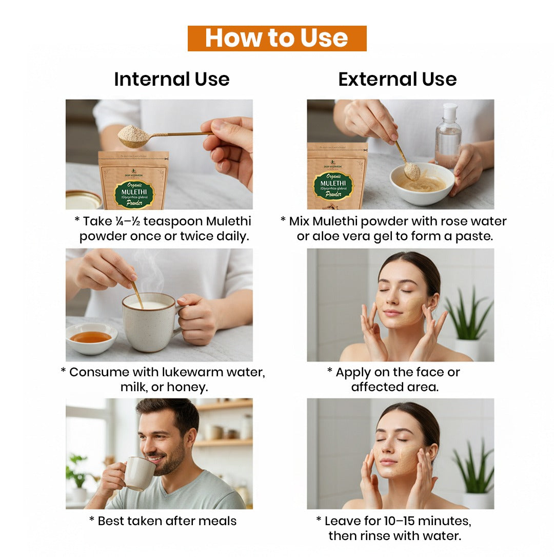 Instructions on how to use Mulethi powder for internal and external use.