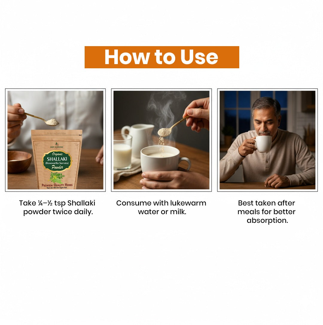 Instructions on how to use Shallaki powder with a cup of tea.