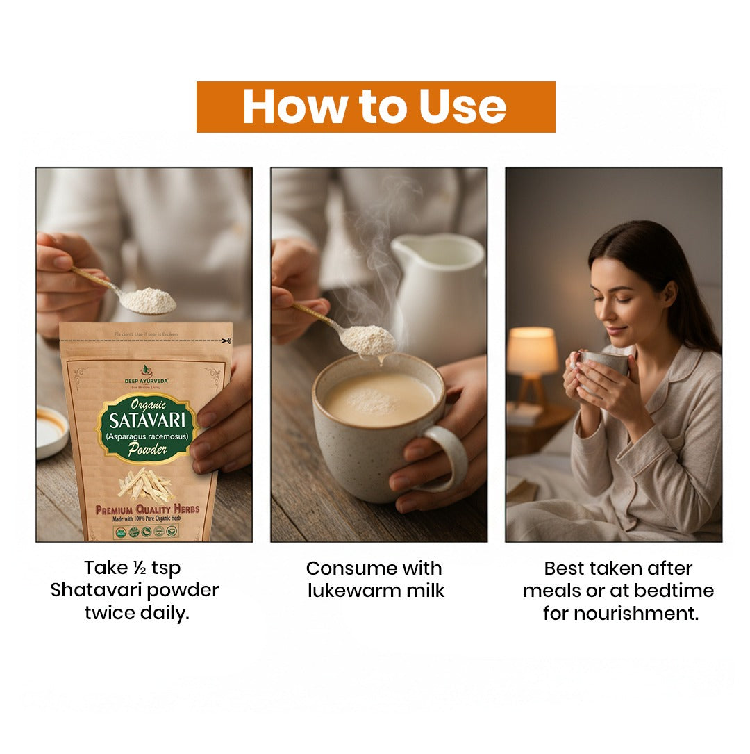Instructions on how to use Shatavari powder with a package and a cup of milk.