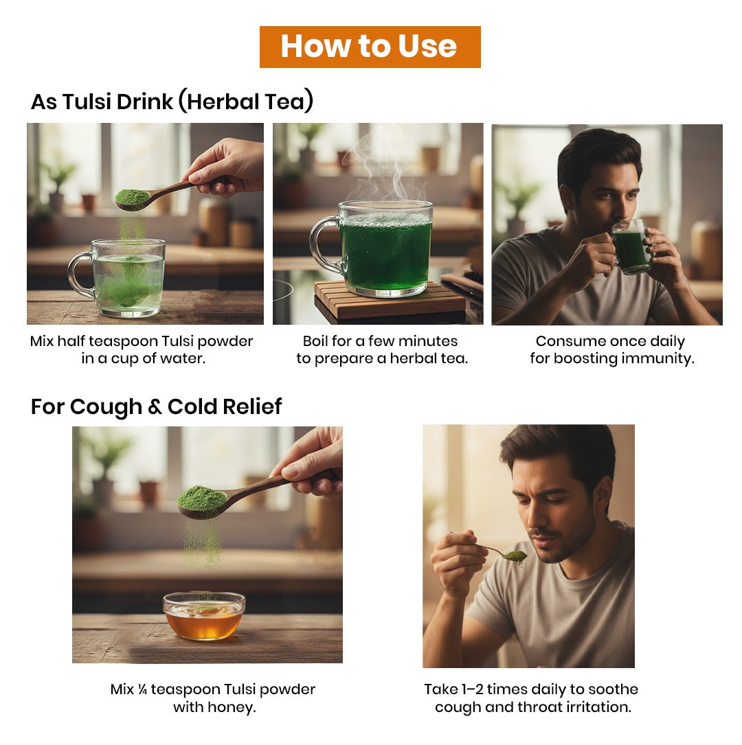 Instructions on how to use Tulsi drink as herbal tea for cough and cold relief.