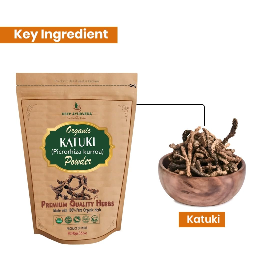 Katuki powder packaging with a bowl of katuki roots on a white background