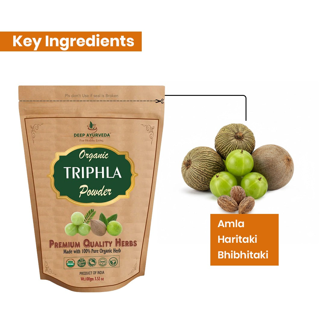 Package of Deep Ayurveda Organic Triphala Powder with key ingredients displayed.