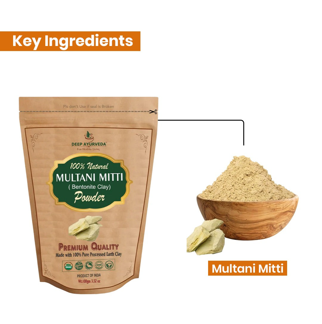 Multani Mitti powder packaging with a bowl of powder on a white background