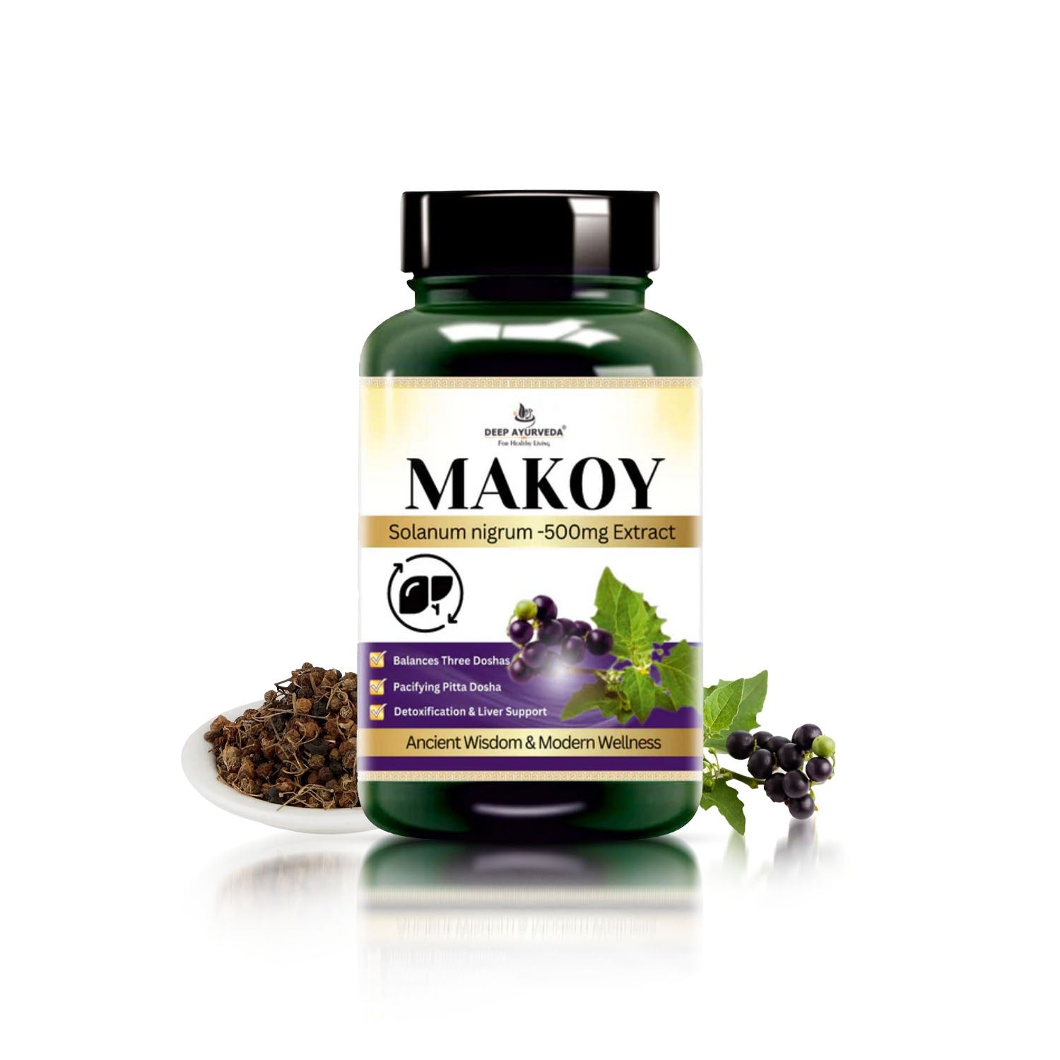 Makoy supplement bottle with ingredients on a white background