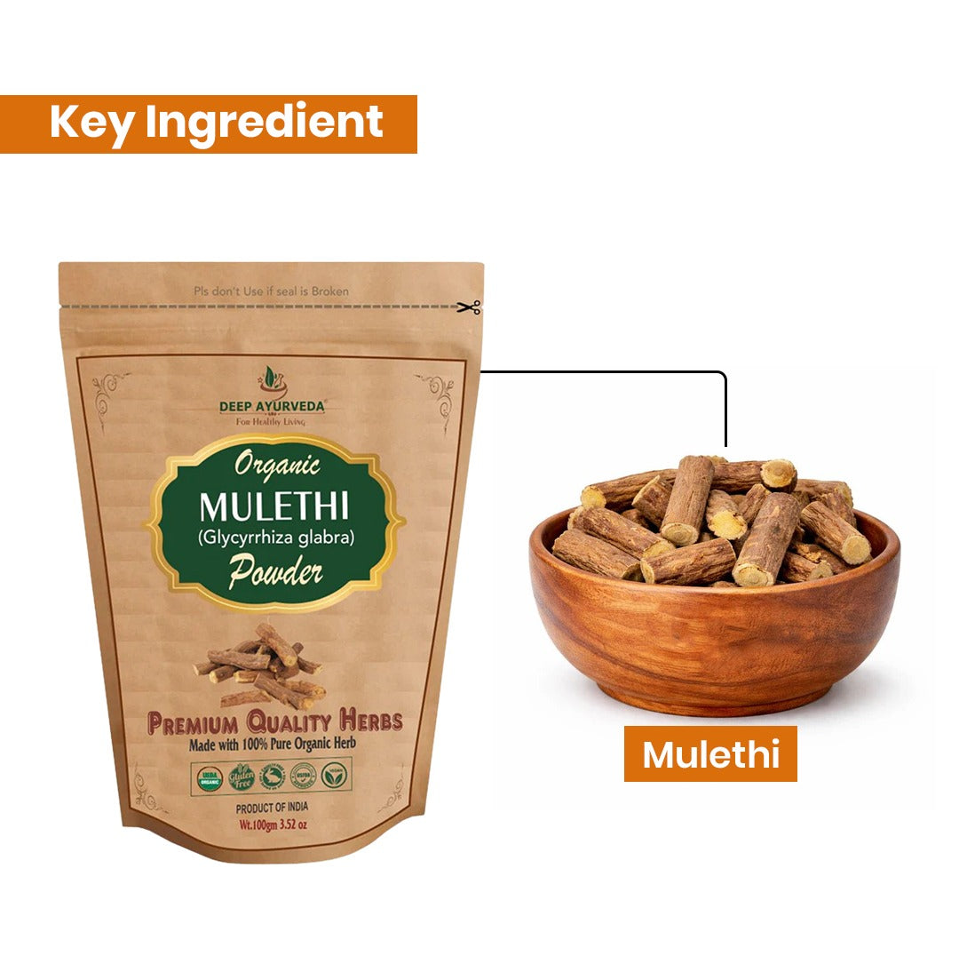 Package of Deep Ayurveda Organic Mulethi Powder with a bowl of mulethi sticks on a white background