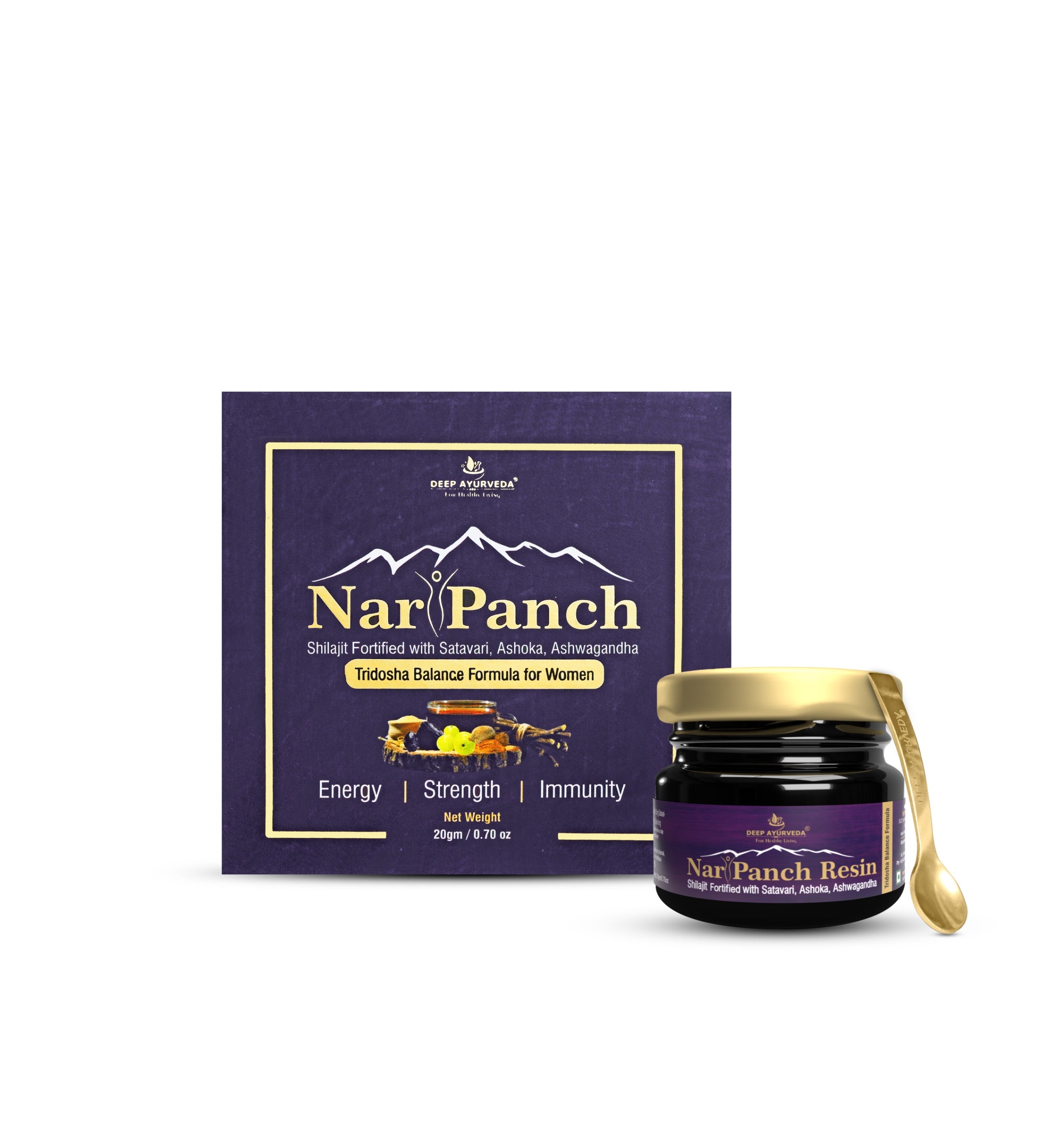 Nar Panch resin packaging with jar and box on a white background