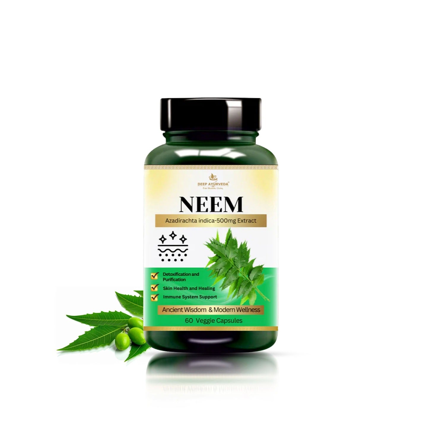 नीम (अज़ादिराच्टा इंडिका) शाकाहारी कैप्सूल | रक्त शोधक, त्वचा की देखभाल, विषहरण, और समग्र स्वास्थ्य का समर्थन 