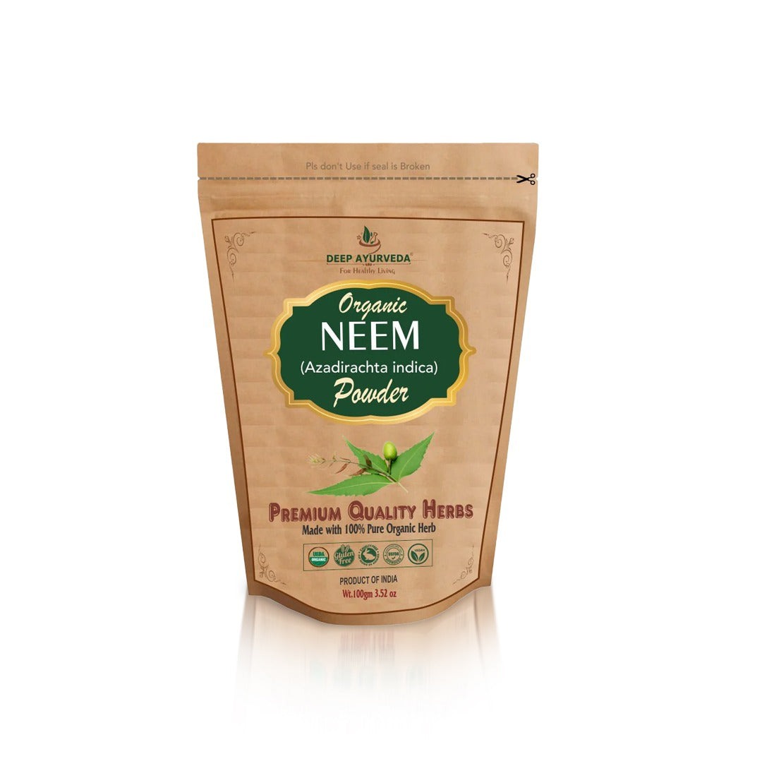 Package of Organic Neem Powder with Deep Ayurveda branding on a white background