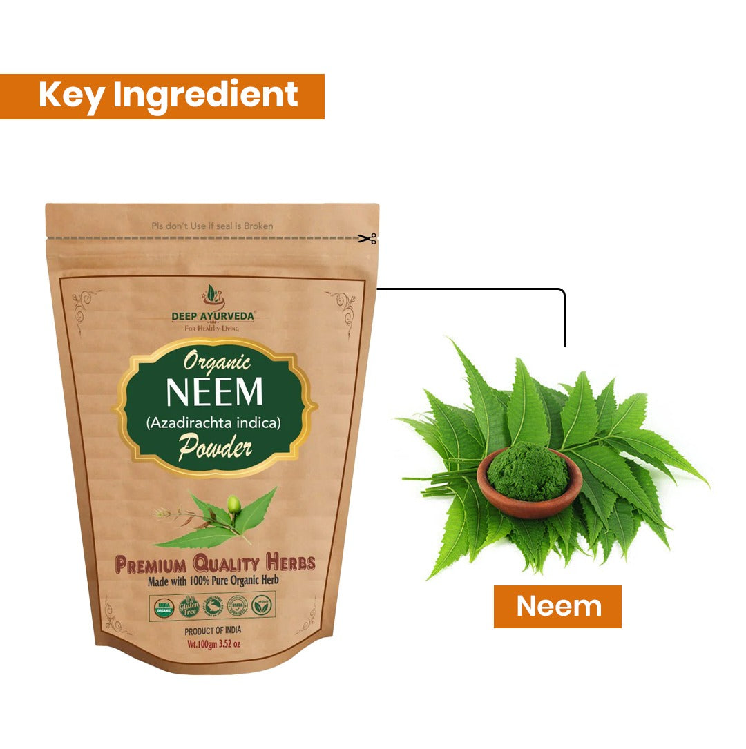 Package of Deep Ayurveda Organic Neem powder with neem leaves on a white background